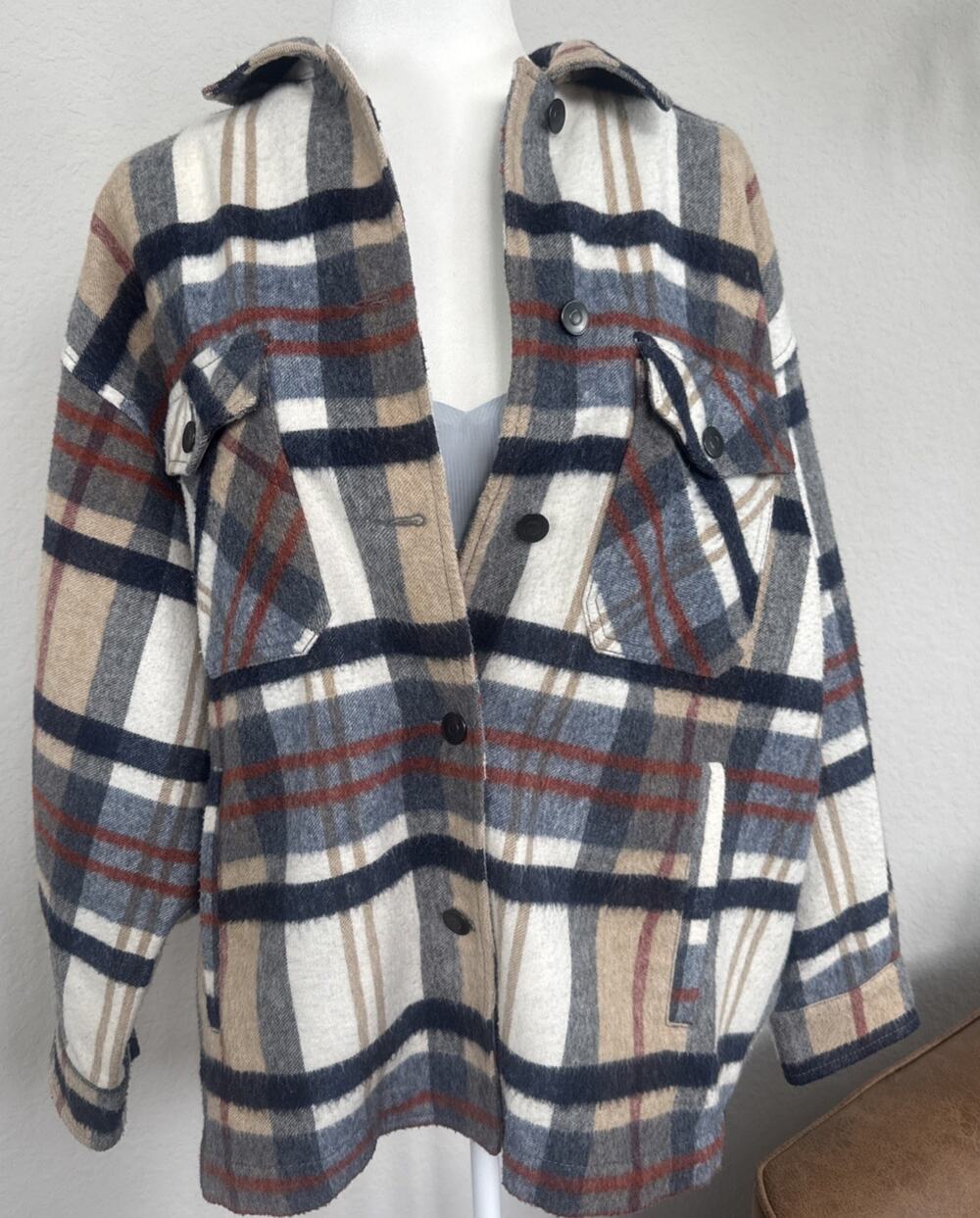Zara Plaid Wool Blend Flannel Shacket Overshirt Jacket Blue Orange Cream Size L